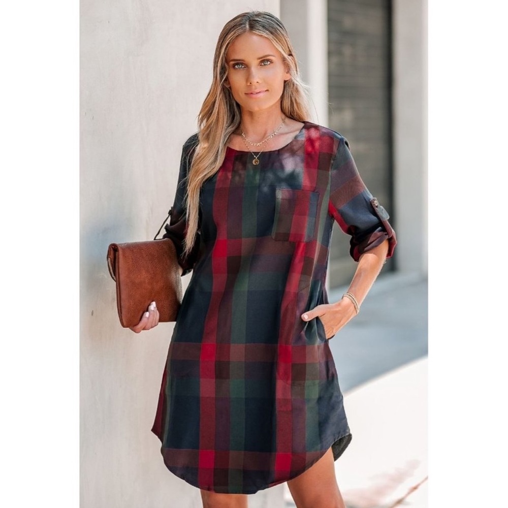 NWT Cupshe Plaid Dress With Roll Tab Sleeves And Pockets Size Medium